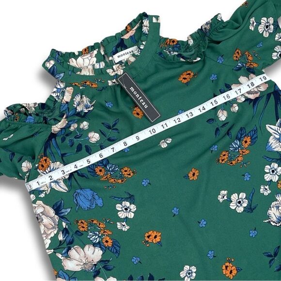 Monteau Ruffled Key-hole Neck Floral Cold Shoulder Blouse • Large Juniors • NWT - Picture 5 of 9